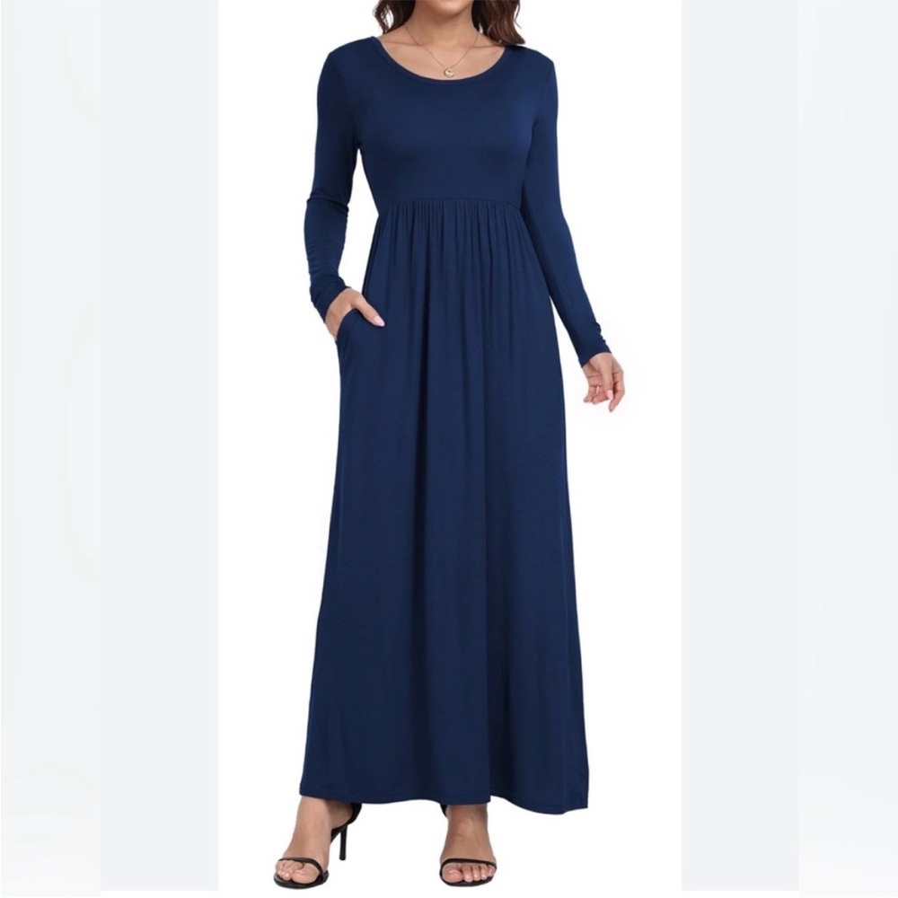 Women’s Navy Long-Sleeve Maxi Dress with Pockets